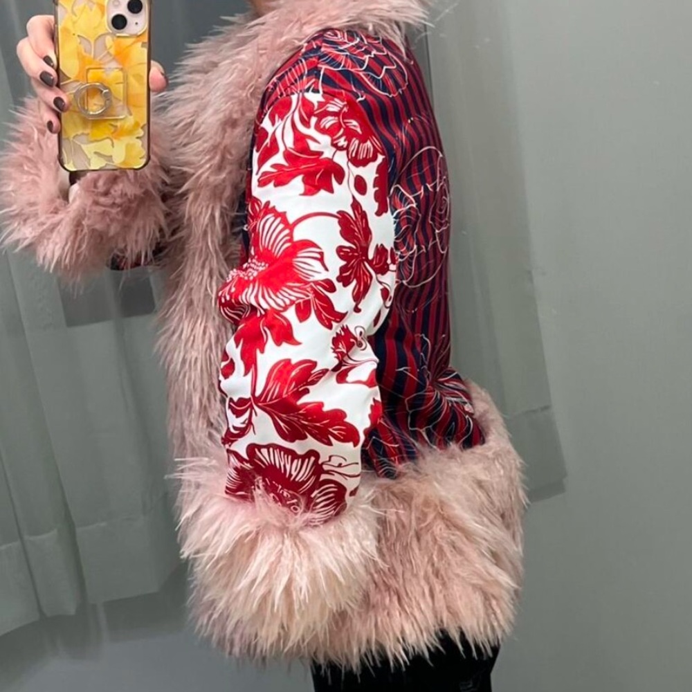 Boho Faux Fur Floral Print Long Sleeve Jacket Coat - Picture 7 of 9